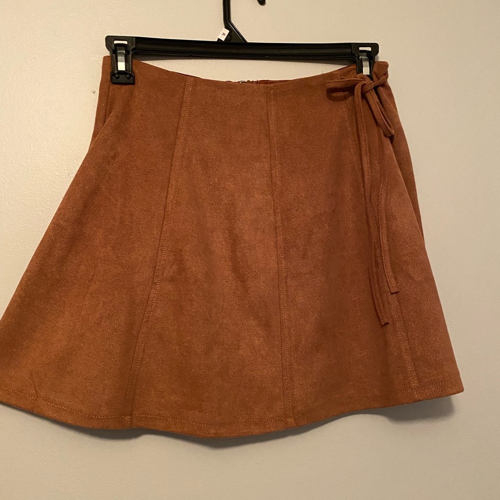 Brown Faux Suede Wrap Gored A-line Mini Skirt With Side Tie
